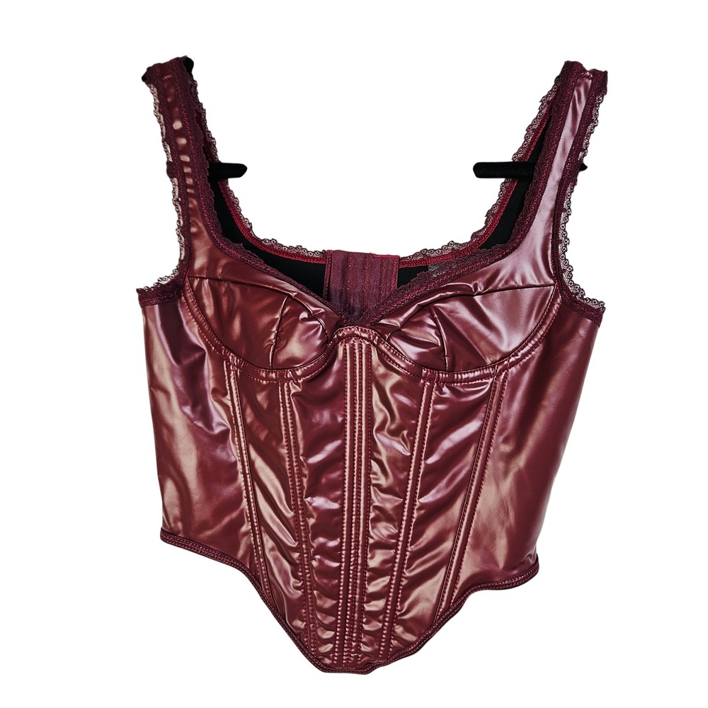 SHEINBAE Burgundy Faux Leather Lace Trim Corset Top XS Goth Edgy Clubwear Grunge